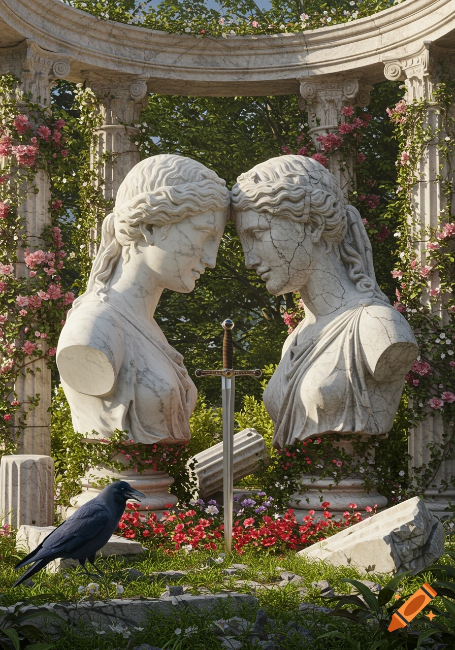 Weathered marble busts of two women facing, surrounded by an overgrown classical garden with pillars, flowers, a sword, and a crow.