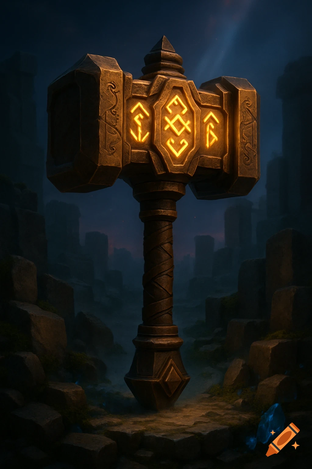 A large, ornate bronze fantasy hammer with glowing runes, standing in a dark, rocky, atmospheric environment.