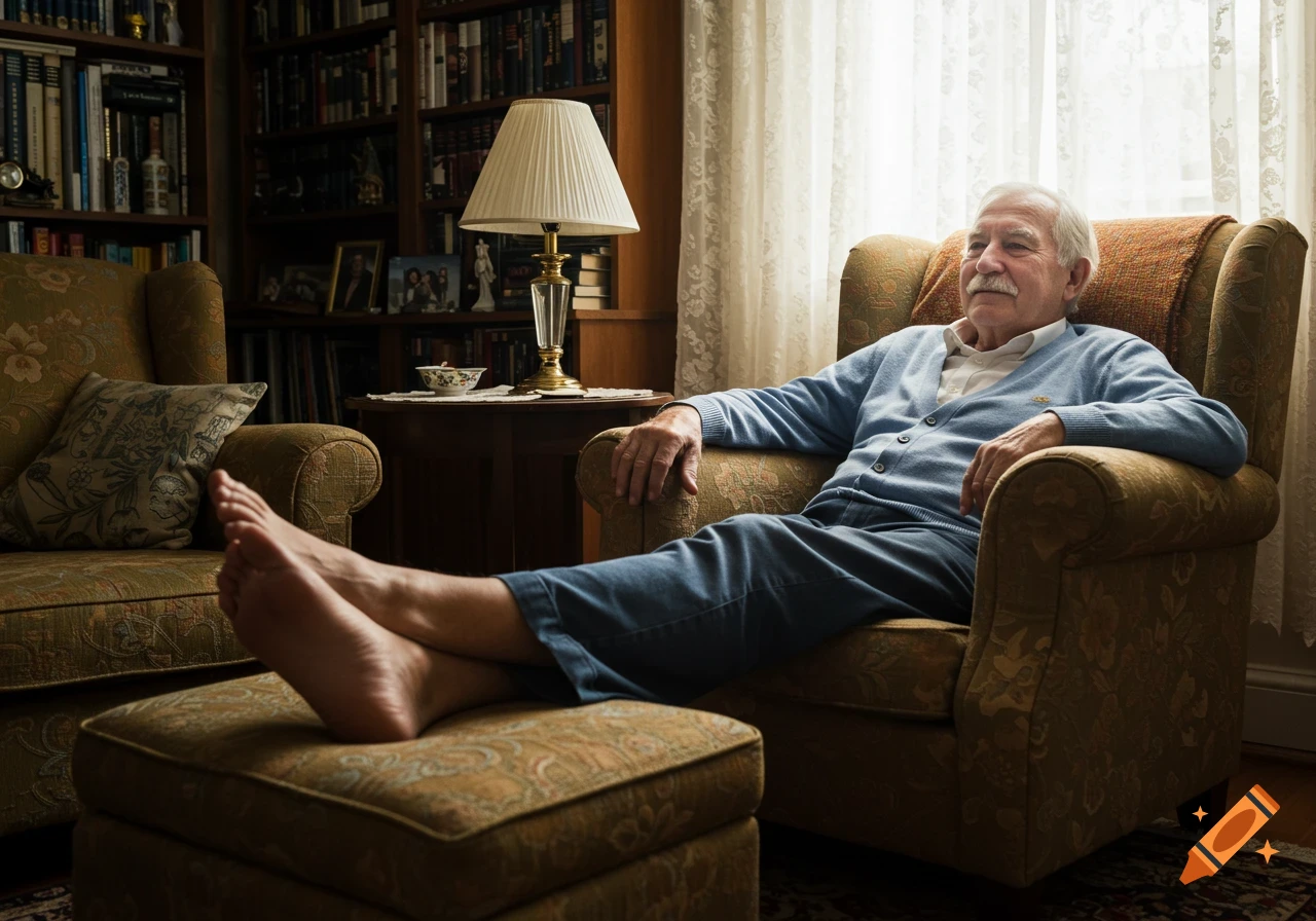 Elderly man with a mustache relaxing in an armchair with his feet up in a cozy home library, photorealistic.