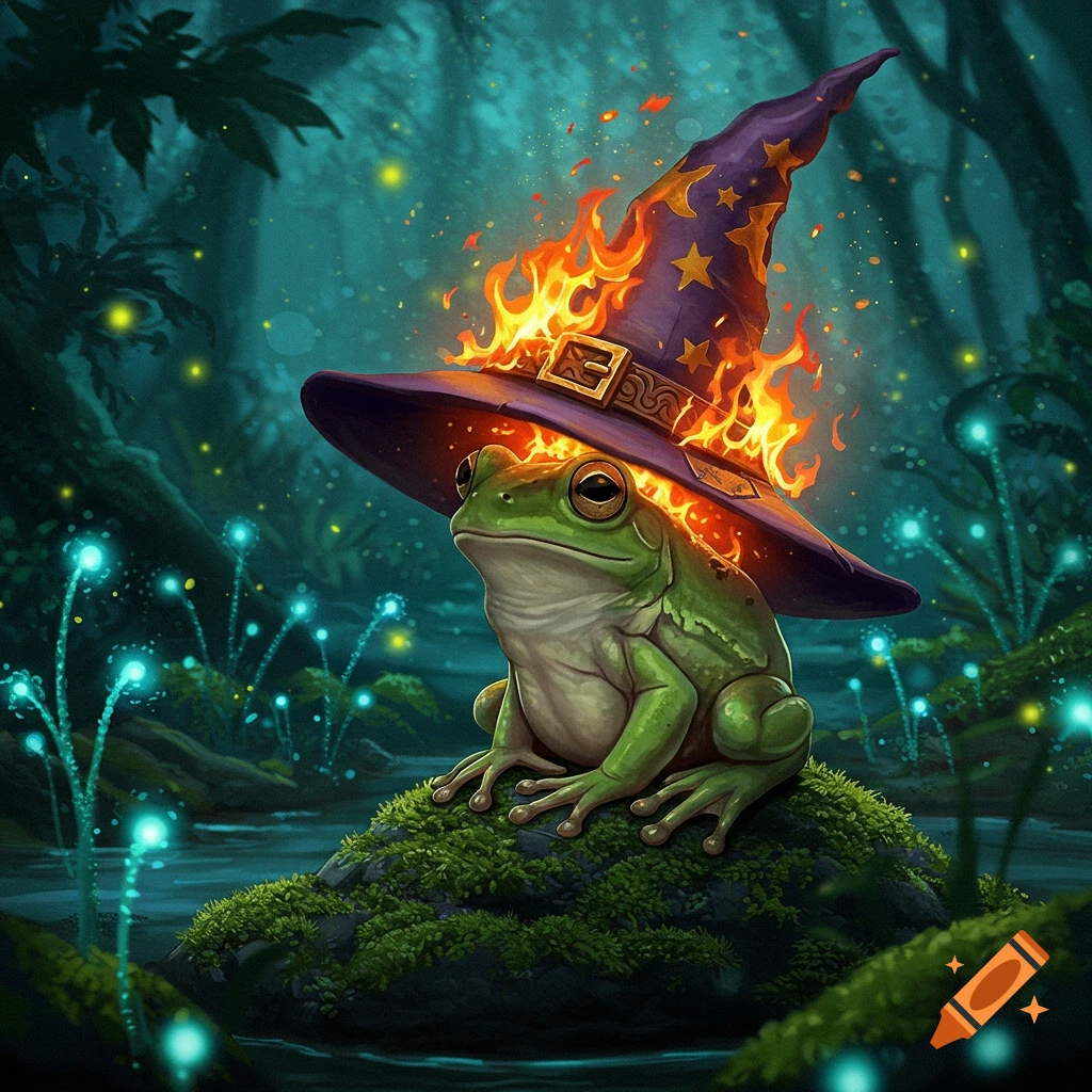 A green frog wearing a burning purple wizard hat, sitting on a mossy rock in a magical forest with glowing blue plants.