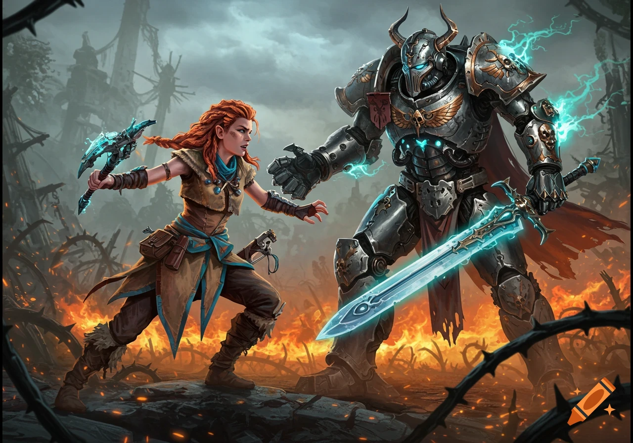 Aloy, a red-haired warrior, battles a Warhammer 40k Grey Knight in a blazing, ruined landscape.