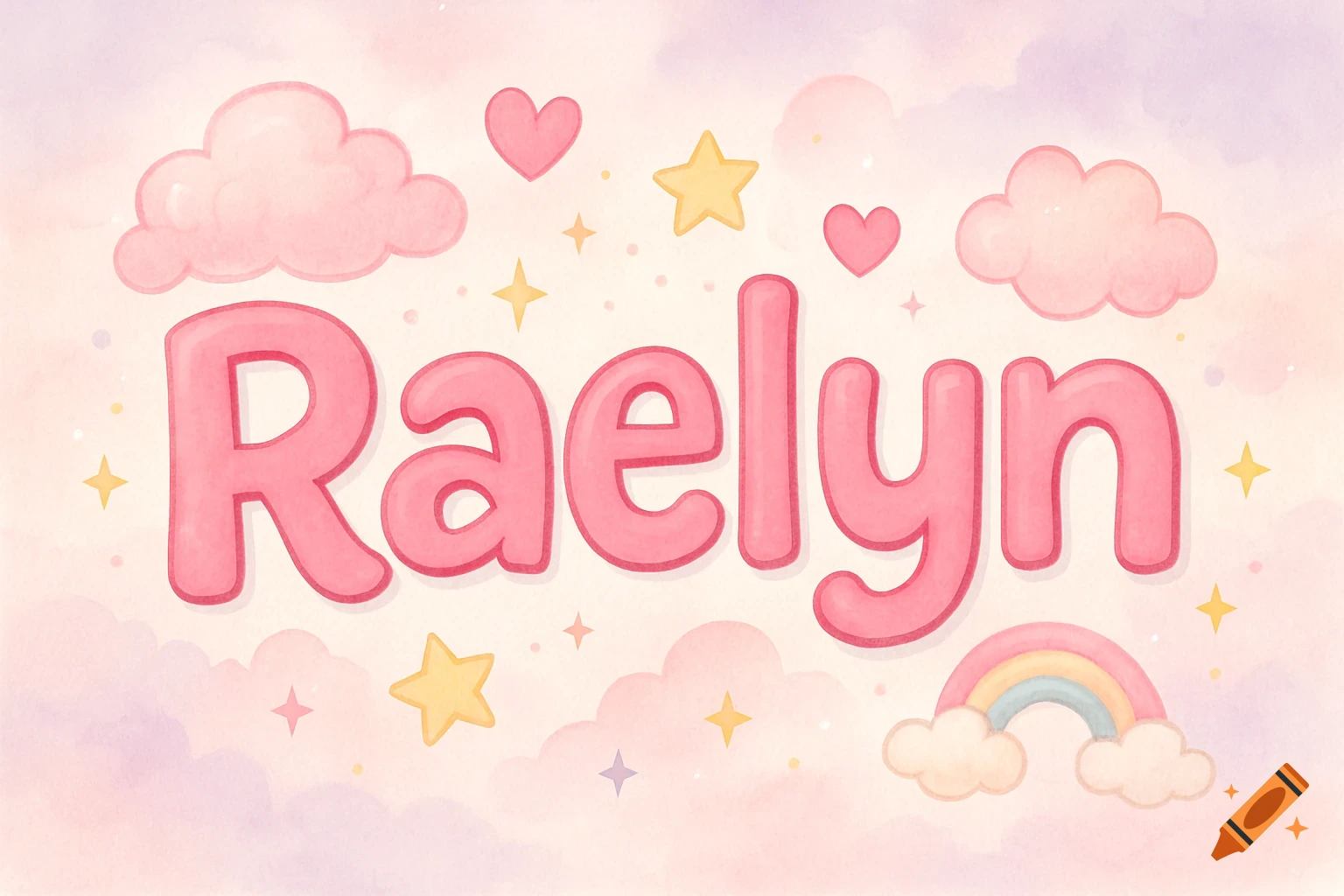 Pink bubbly letters spell "Raelyn" against a soft watercolor background with clouds, hearts, stars, and a rainbow.