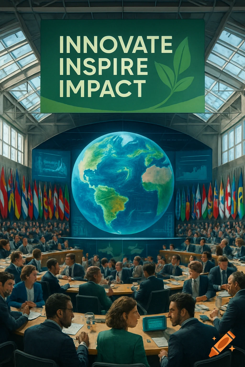 A large conference hall with many attendees, a huge globe, and a banner reading 'INNOVATE INSPIRE IMPACT' above a display of international flags.