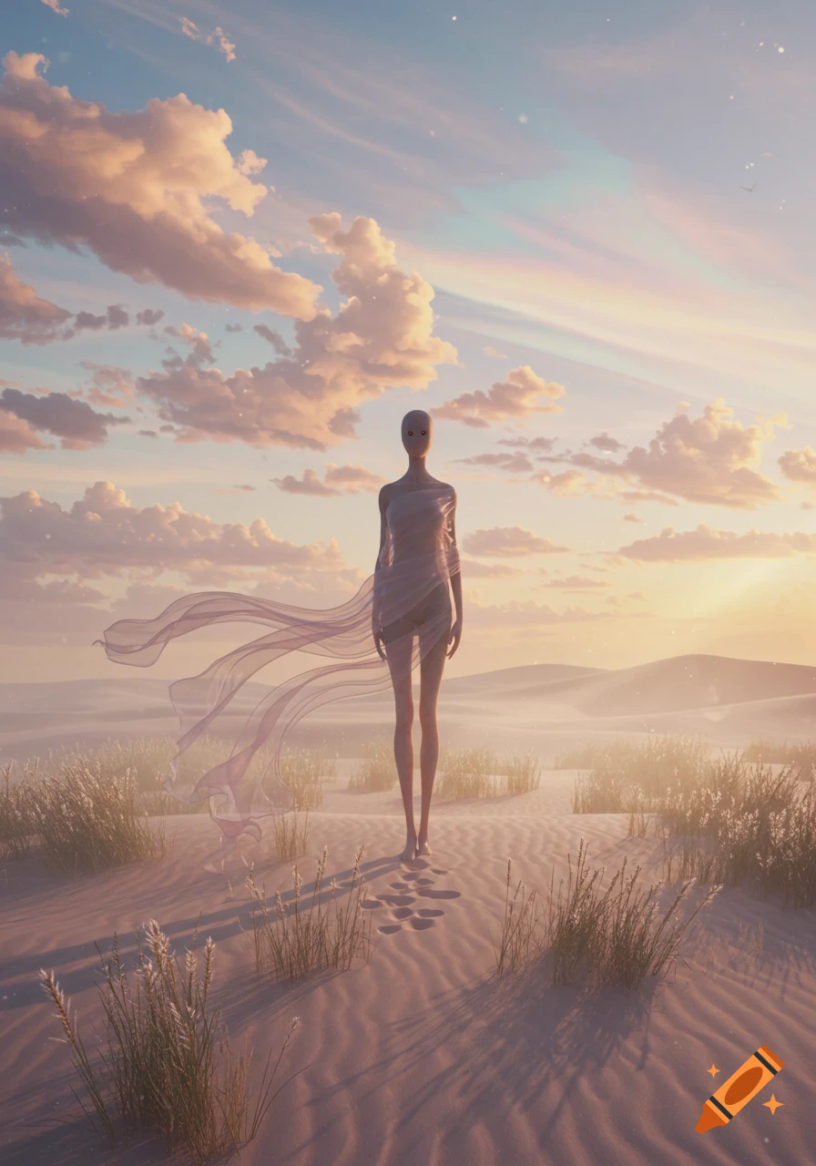 Ethereal figure with no knees stands in a vast, sandy desert at sunset under a sky of pastel clouds.