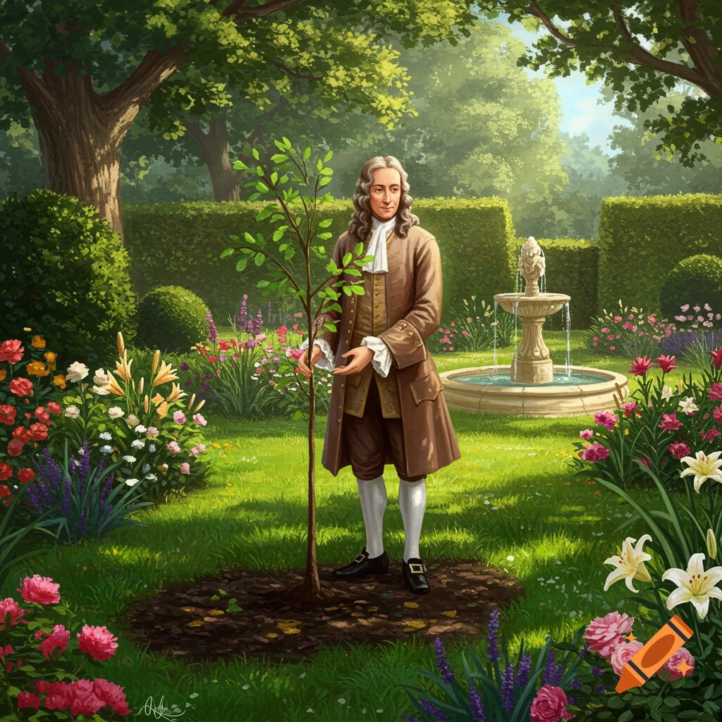 A man in 17th-century attire plants a sapling in a lush, ornate garden with a fountain and many colorful flowers.