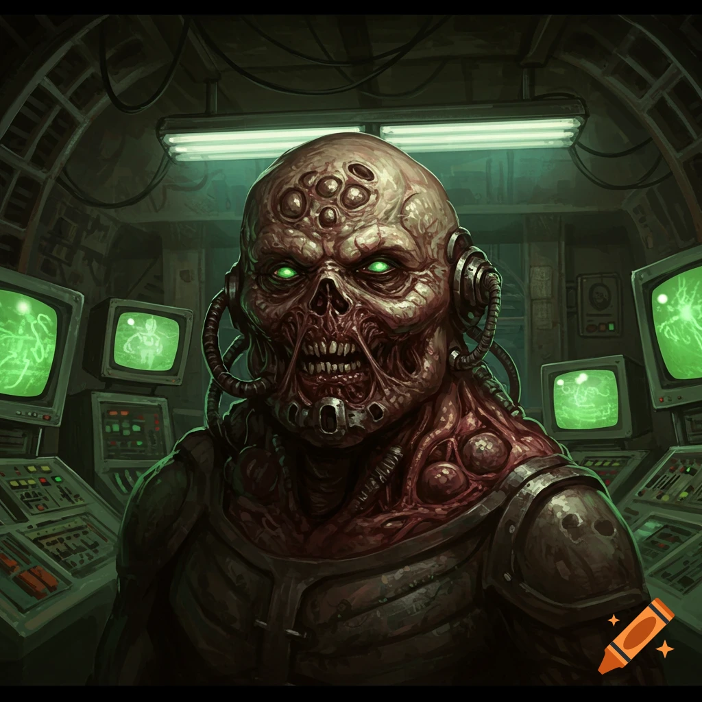 Grotesque red-skinned monster with glowing green eyes and wires in a dark sci-fi control room, digital painting.