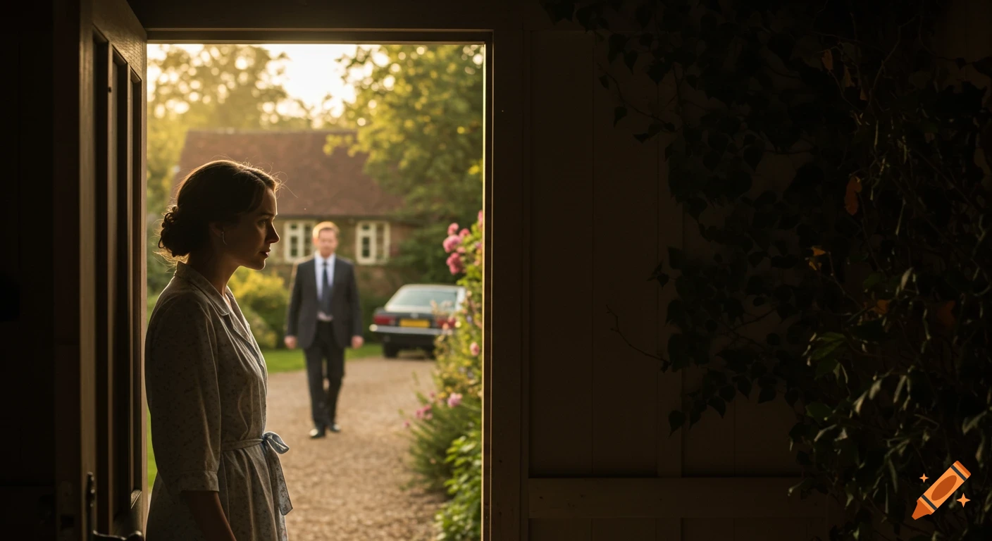 Cinematic shot of a woman in a doorway watching a man walk away from a house on a sunny morning.
