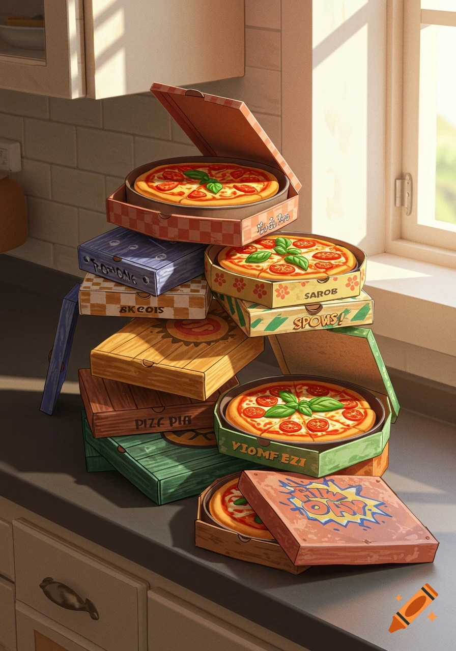 A tall stack of colorful pizza boxes, some open with pizzas, on a kitchen counter in warm sunlight.