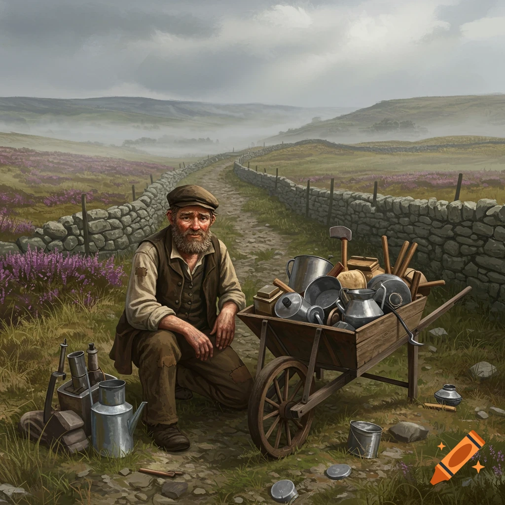 A bearded old tinker kneels by a wheelbarrow of metalware on a dirt path with stone walls and purple heather in a cloudy, hilly landscape.