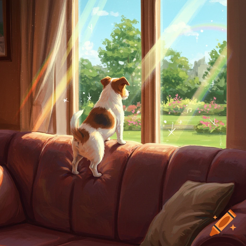 Illustrated chubby Jack Russell terrier stands on a brown couch, gazing out a window at a sunny garden with a rainbow.
