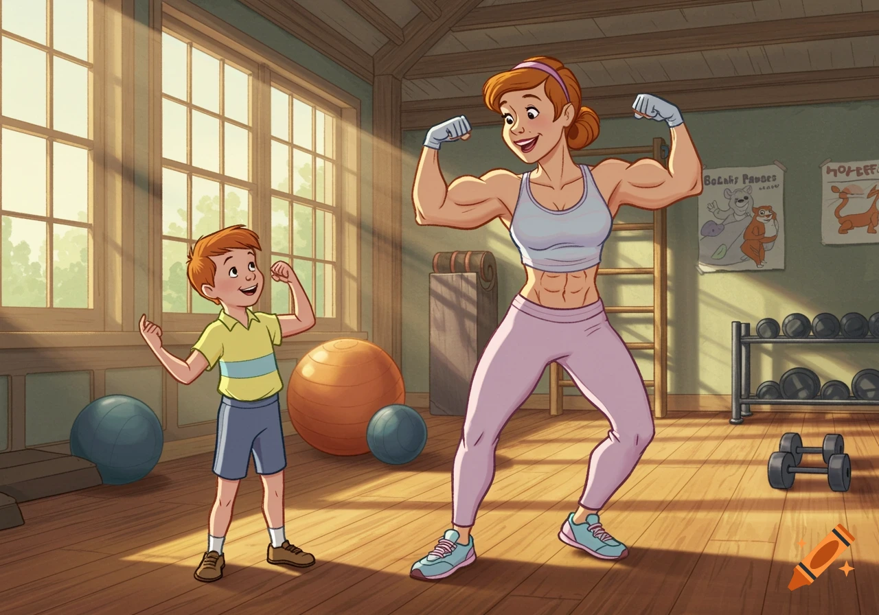 A muscular cartoon mother and her son flex their biceps in a gym setting with workout equipment and bright windows. Both are smiling.