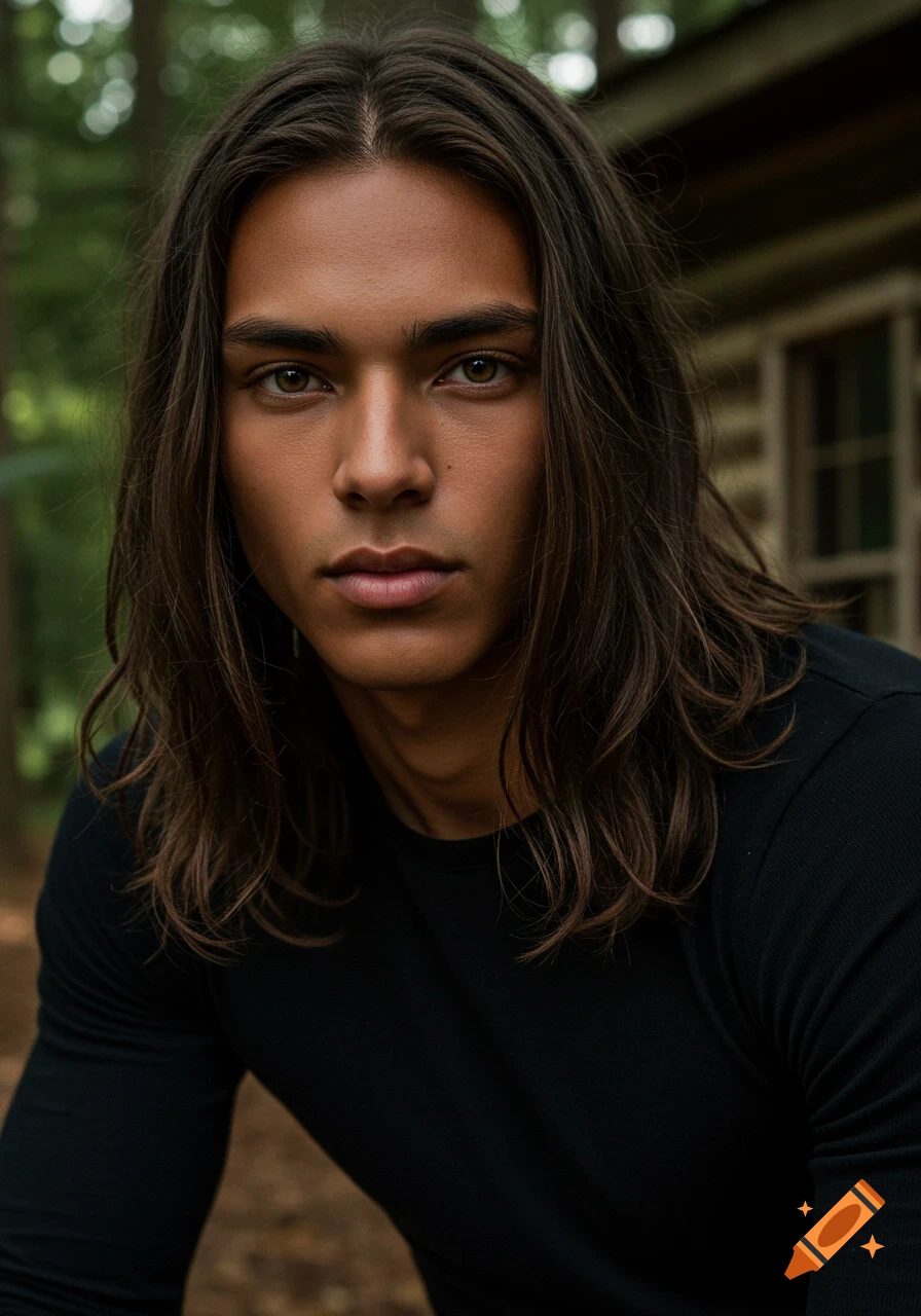Close-up photorealistic portrait of a young man with long brown hair, tan skin, and amber eyes, wearing a black shirt, in the woods near a cabin.