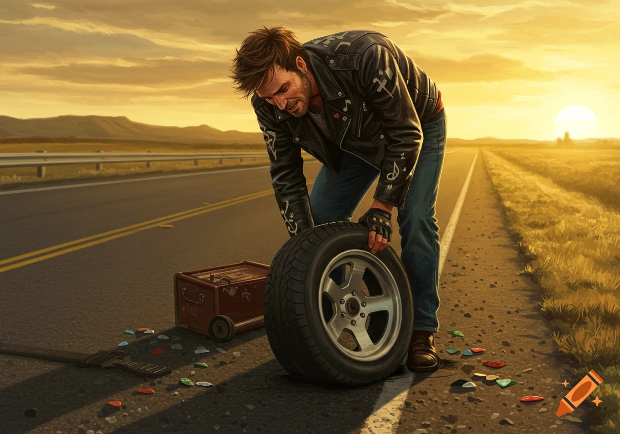Illustrated man in a leather jacket with music symbols fixing a flat tire on a rural highway at sunset.