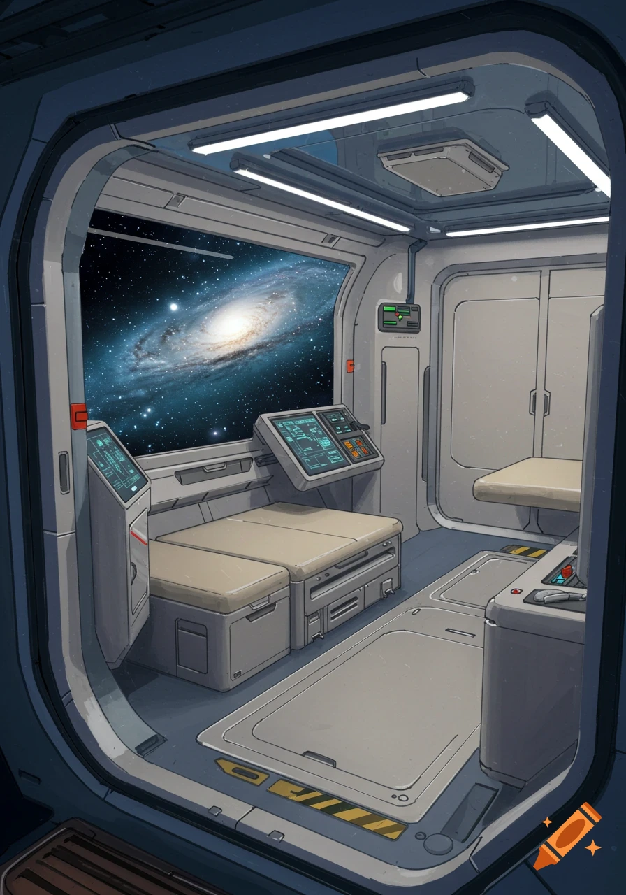 A stylized view from inside a spaceship cabin with control panels, a bed, and a large window showing a galaxy.
