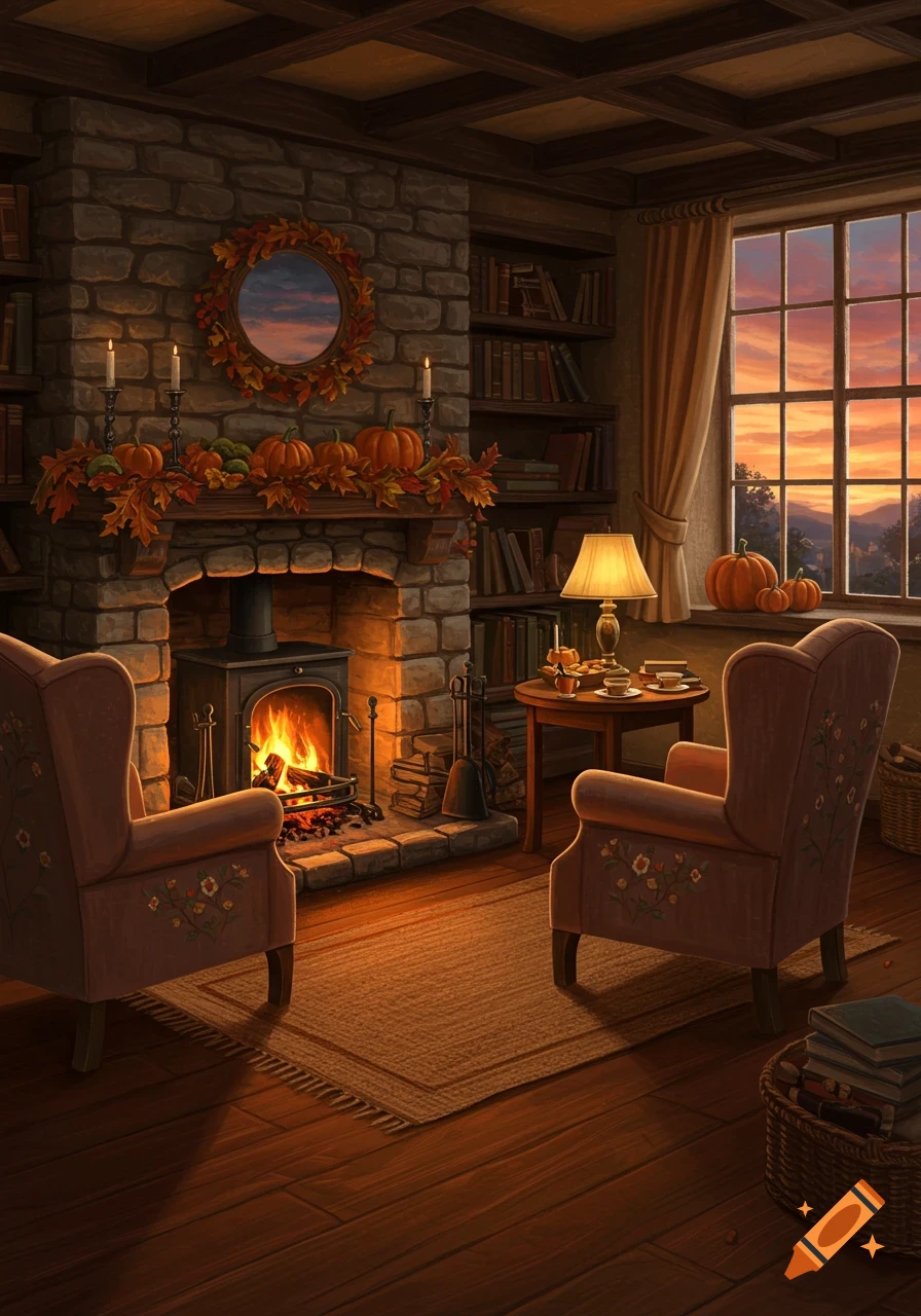 Cozy cottage living room with a stone fireplace, two armchairs, bookshelves, and autumn decor, bathed in warm sunset light.