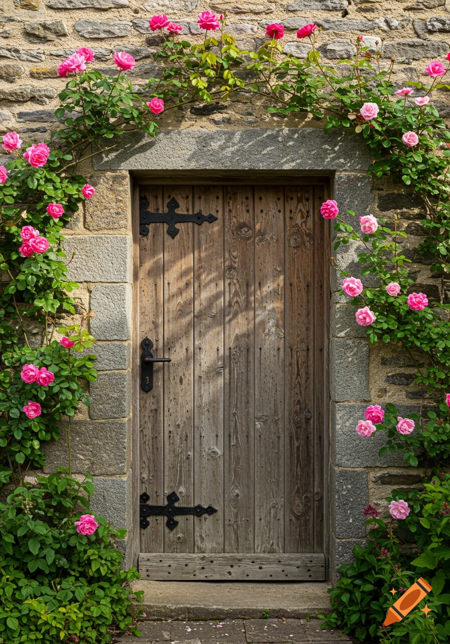 A rustic wooden door in a stone wall adorned with vibrant pink climbing roses, in a close-up photorealistic view.