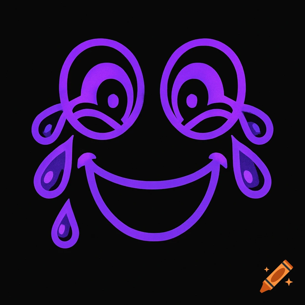 A simple cartoonish purple smile with wide eyes crying tears of joy on a black background.
