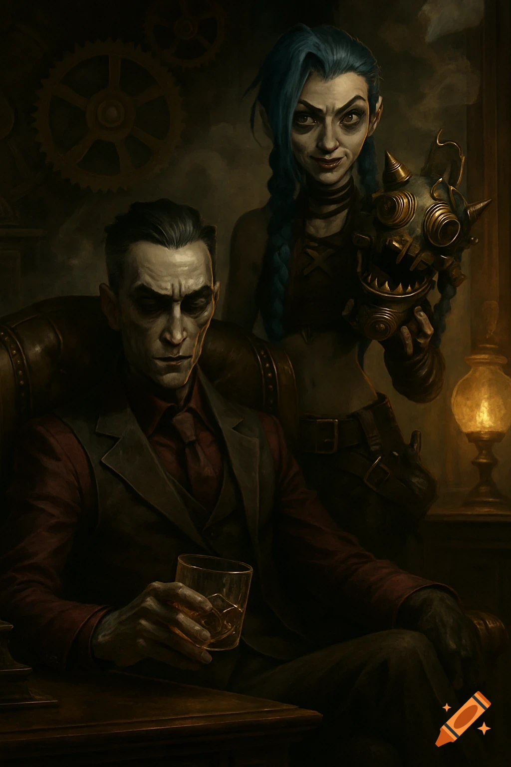 Dark, stylized portrait of Silco with a whiskey glass and Jinx holding a steampunk dog grenade behind him.