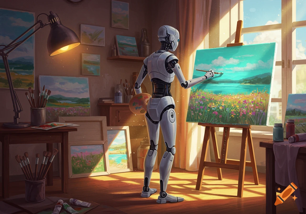 A white humanoid robot paints a colorful landscape on an easel in a sunlit art studio, holding a palette.