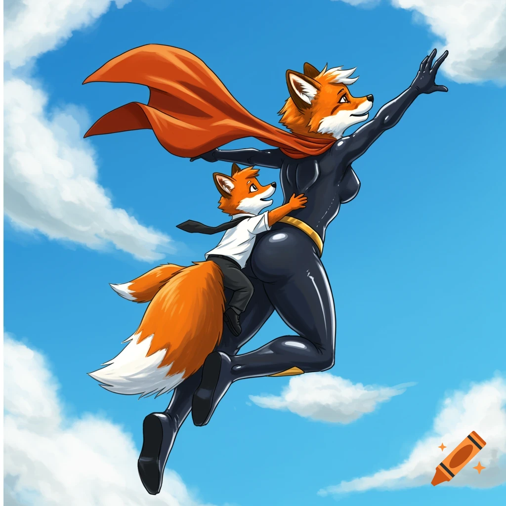 Anthropomorphic fox superhero mother in a black suit with red cape flies, carrying her fox son on her back against a blue sky.