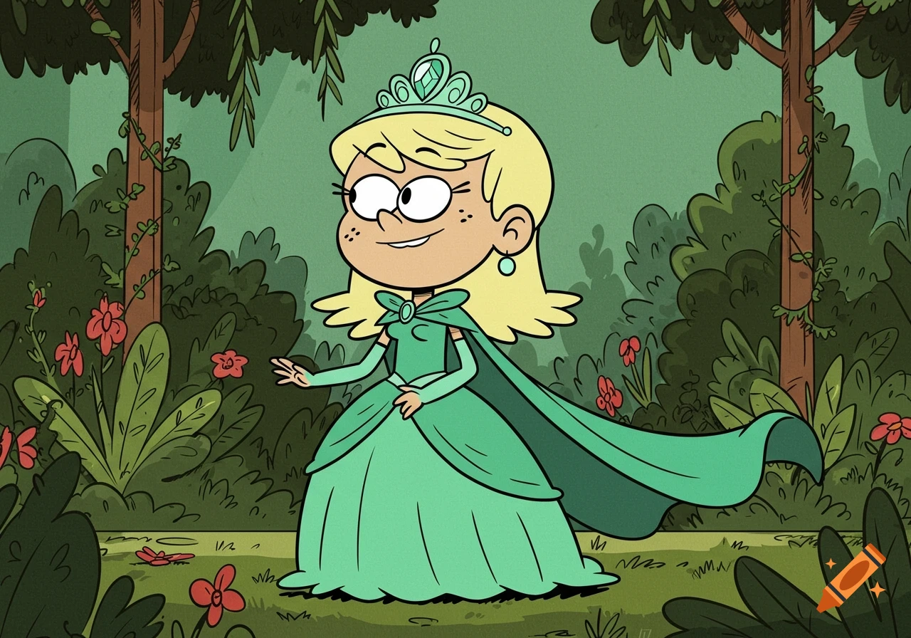 Blonde cartoon girl, resembling Leni Loud, in a seafoam green princess gown with a cape and tiara, stands in an enchanted forest.