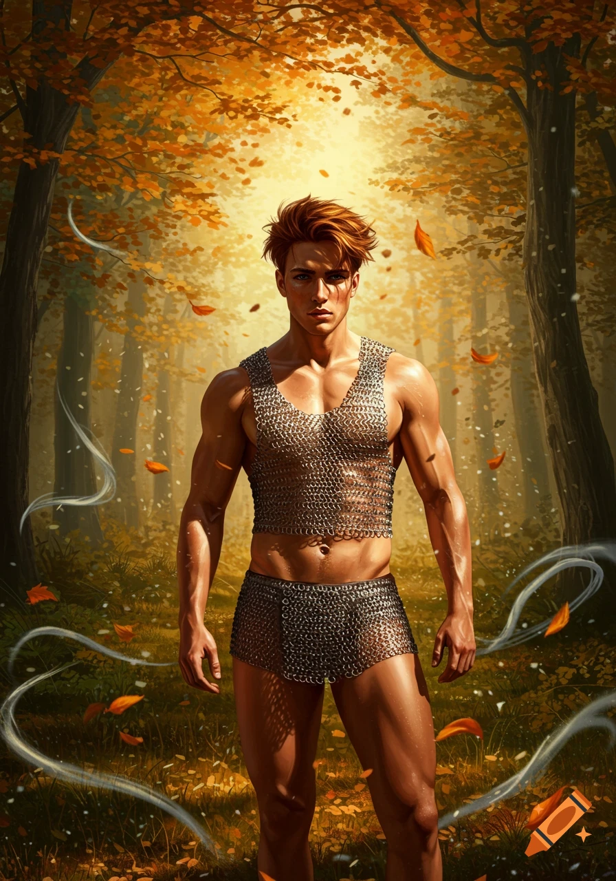 Muscular man with red hair in chainmail standing in an autumn forest with falling leaves.