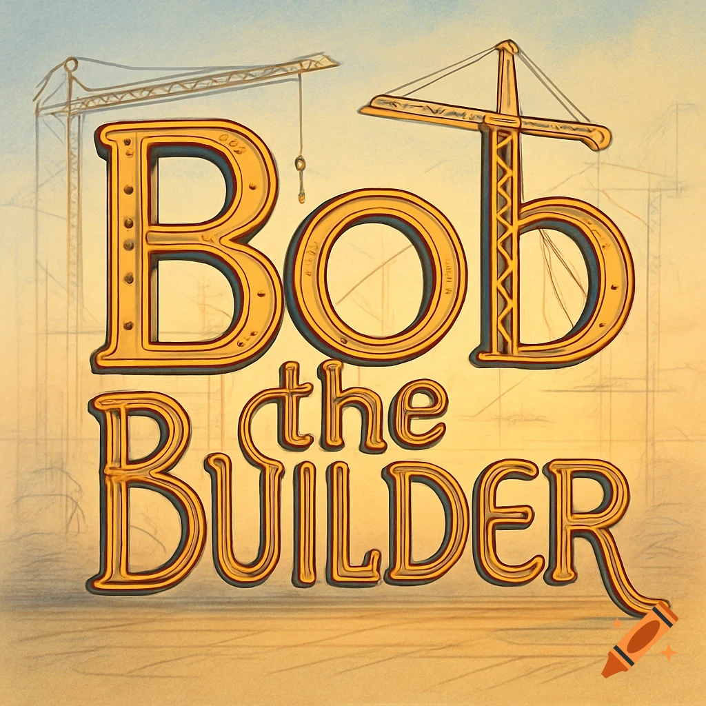Stylized gold text spelling "Bob the Builder" with two construction cranes in the background, a light blue and yellow gradient sky.