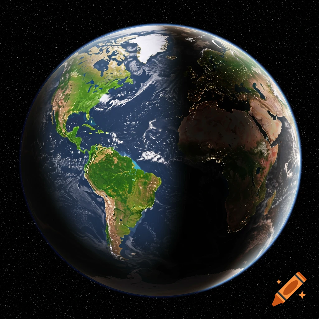 Photorealistic view of Earth from space, showing continents with a clear day-night terminator line.