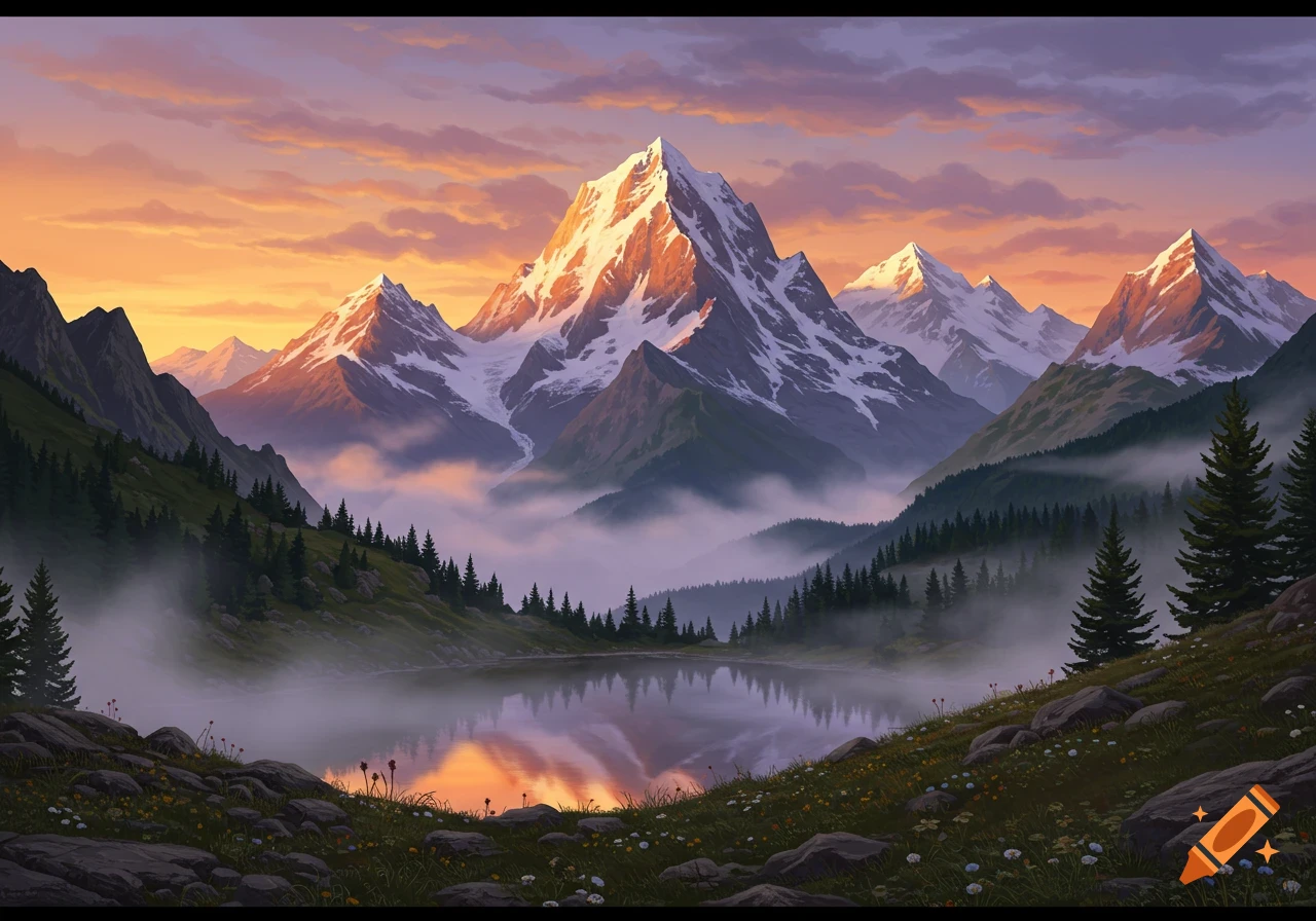Stylized view of snow-capped mountains and pine forests reflecting in a calm lake under a colorful sunset sky.