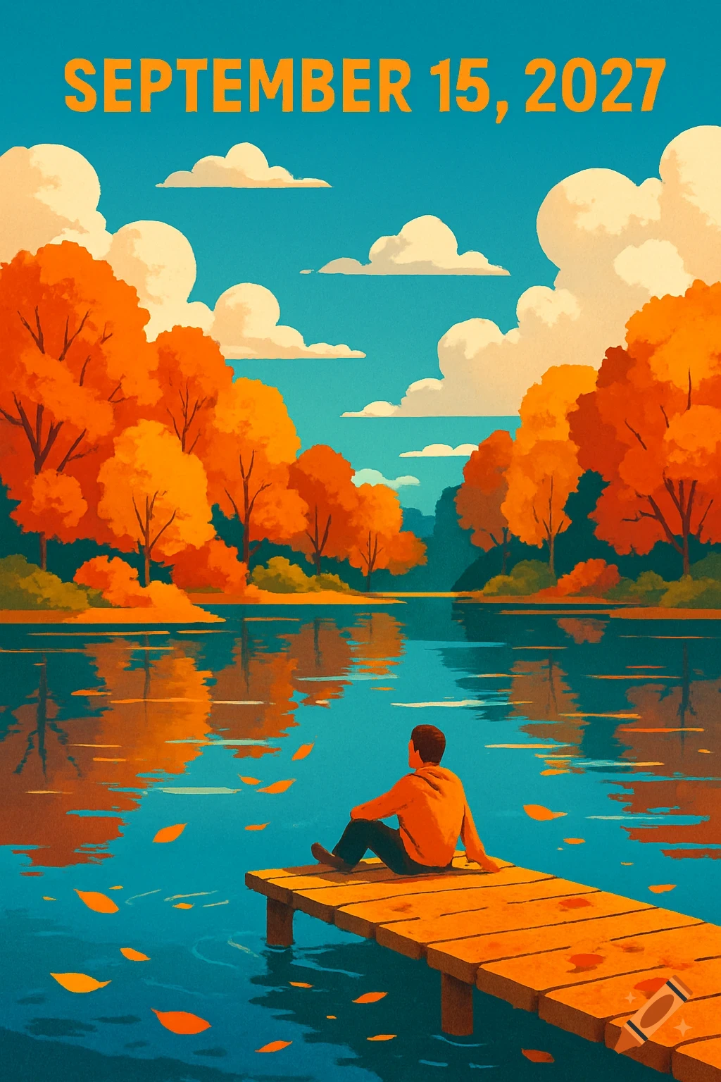 Illustration of a person on a dock admiring a calm autumn lake with orange trees under a blue sky, dated 'September 15, 2027'.