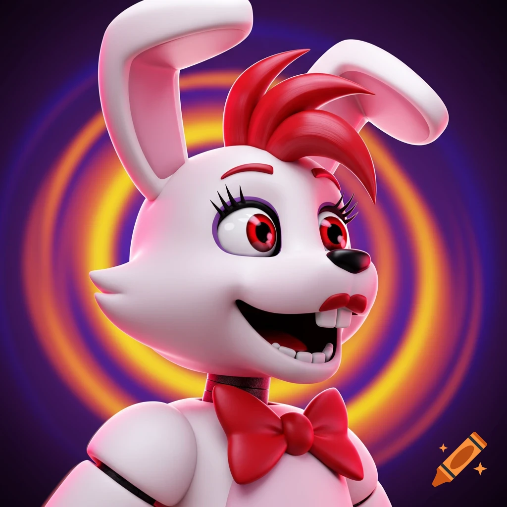Cartoonish digital art of a white Five Nights at Freddy's rabbit OC with red hair, red eyes, and a red bow tie, smiling, against a swirling purple and yellow background.