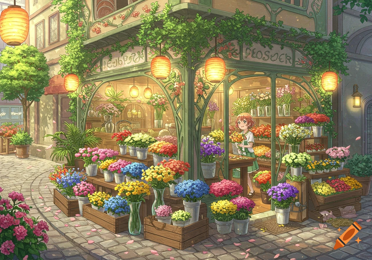 A cute anime girl works inside a colorful flower shop overflowing with bouquets on a charming cobblestone street.