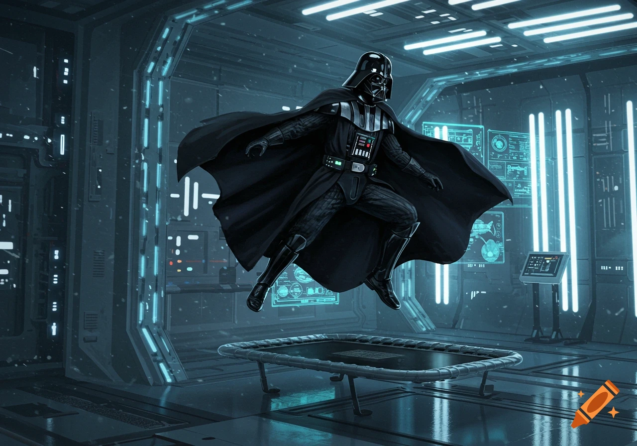 Darth Vader in his black armor jumps on a trampoline in a futuristic blue-lit room.