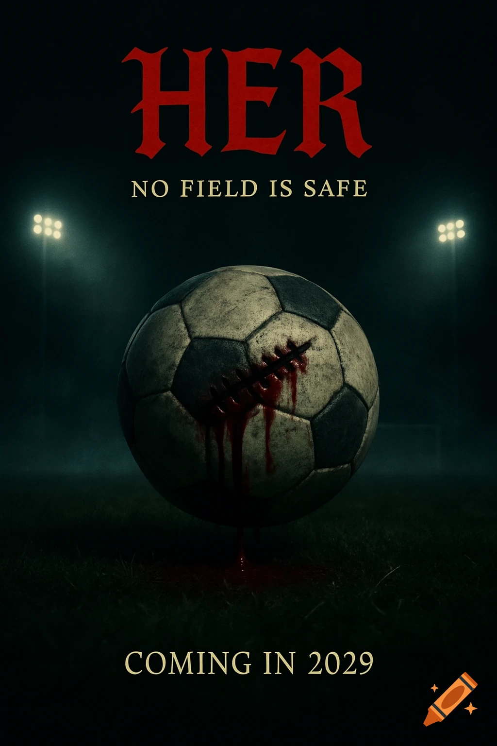 A horror movie poster for 'HER' showing a blood-stained, stitched soccer ball on a dark, misty field at night.