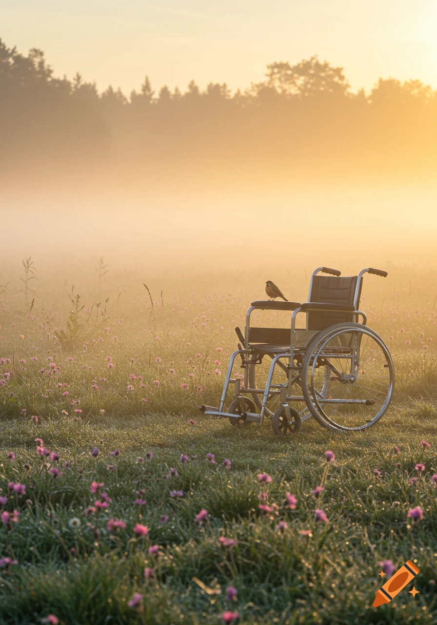 A bird perched on a wheelchair in a misty field filled with pink flowers during sunrise, photorealistic.