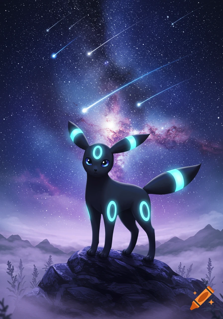 An Umbreon with glowing blue rings stands on a rock under a purple starry night sky with shooting stars, in a fantasy art style.