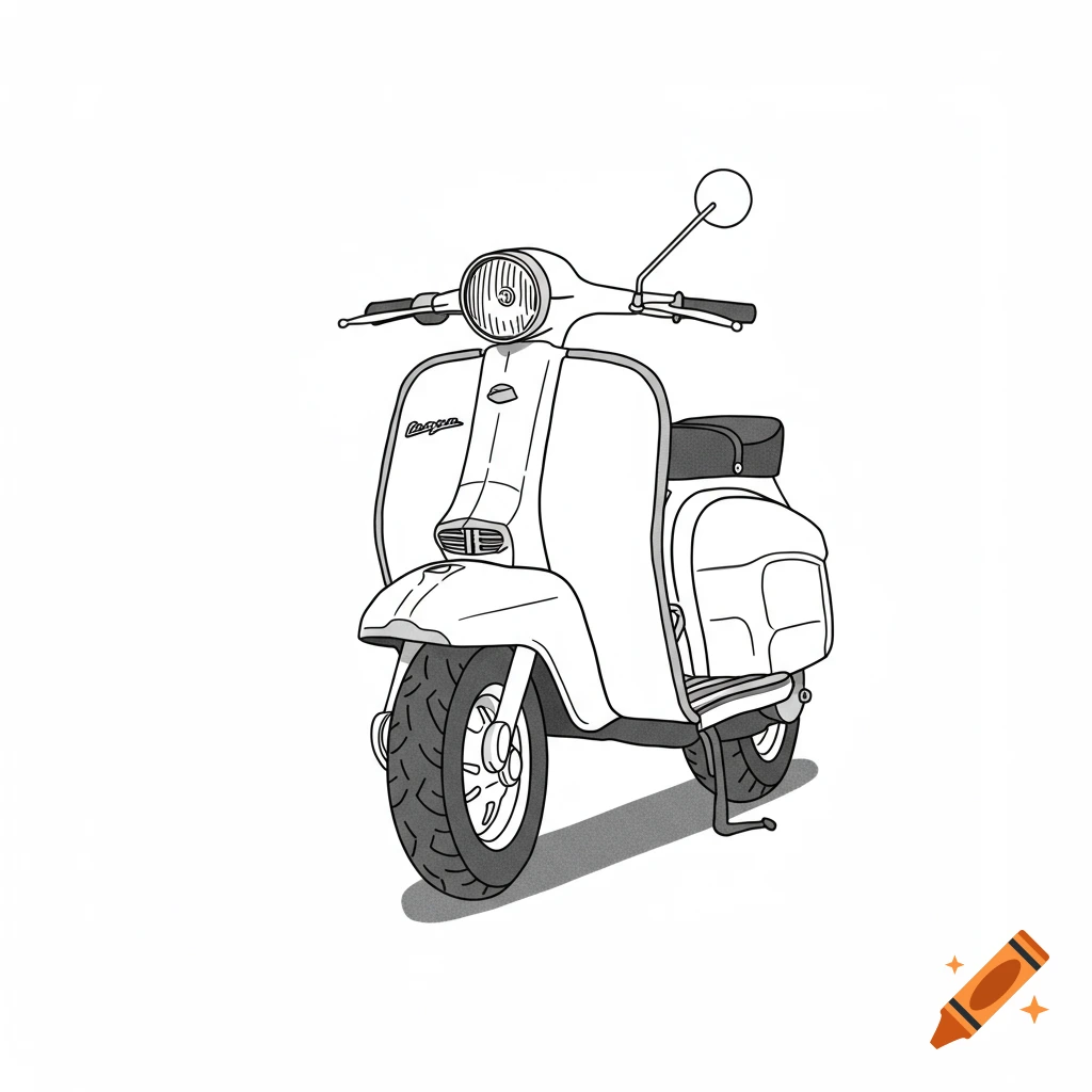 Black and white line art illustration of a Lambretta Series 2 scooter from a front view, with minimal gray shading.