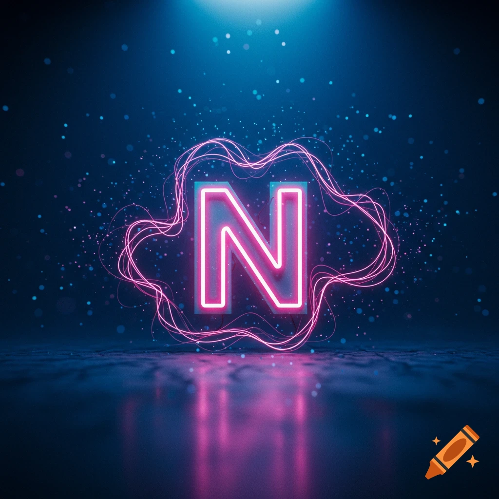 A vibrant pink neon letter N glows against a dark blue background with sparkling particles and reflections.