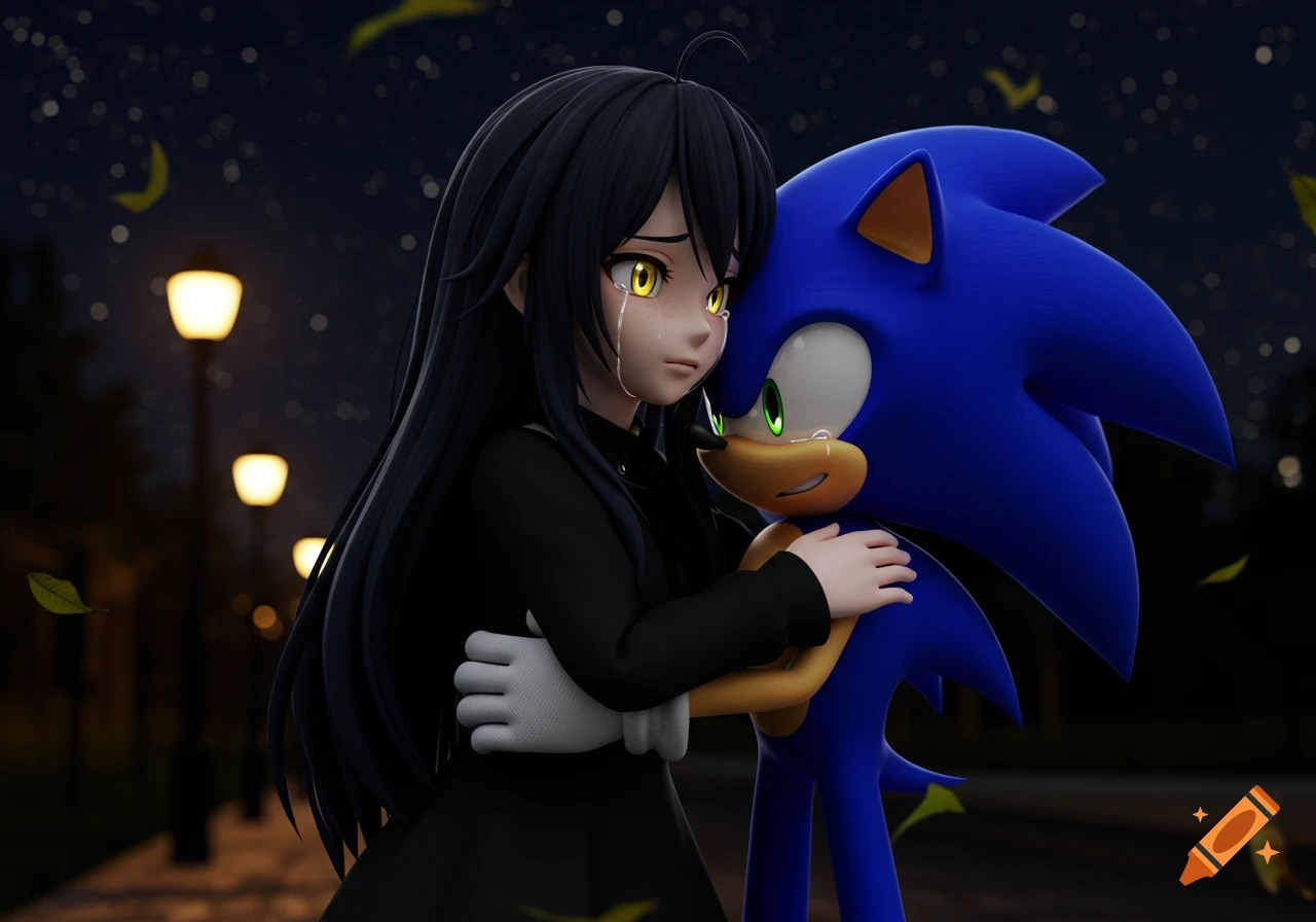 3D render of a black-haired anime girl with yellow eyes, crying, hugging Sonic the Hedgehog under a starry night sky.