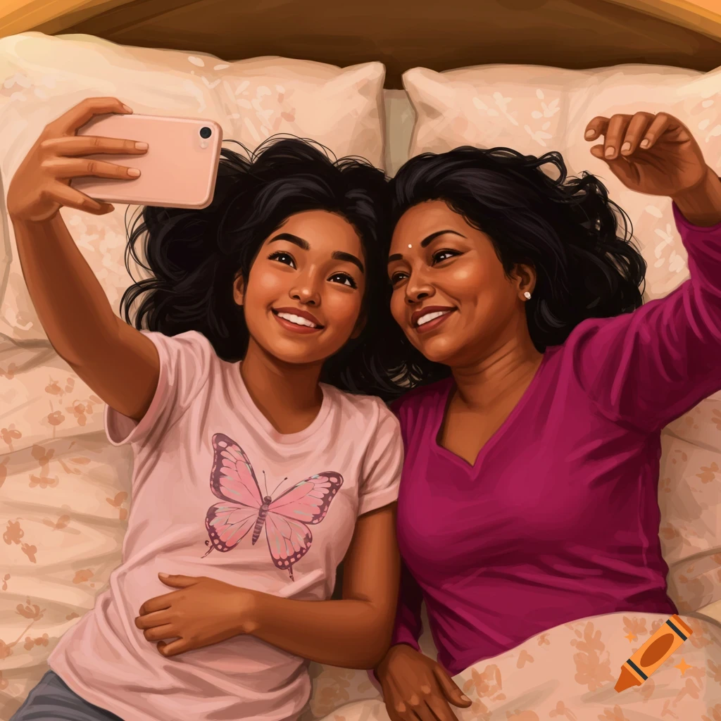 Illustration of an Indian mother and daughter with black hair lying in bed, taking a selfie.