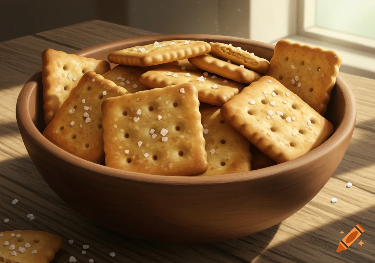 A wooden bowl filled with golden, rectangular salty crackers on a wooden table, lit by sunlight from a window.