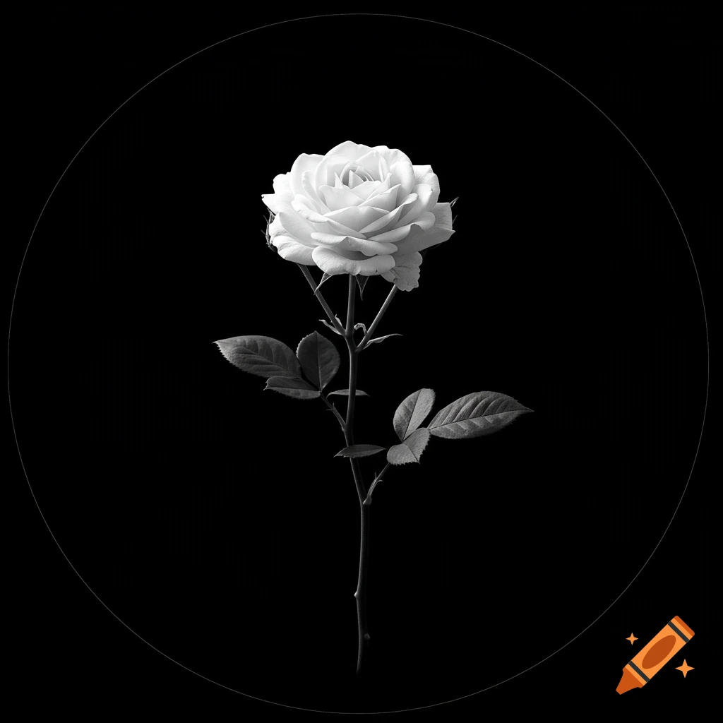 Grayscale image of a single white rose with stem and leaves against a black circular background.
