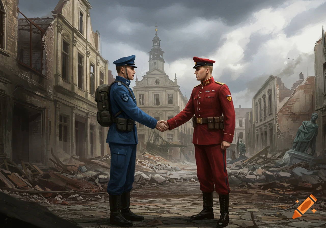 Two soldiers in blue and red uniforms shake hands in a destroyed European city, digital painting.