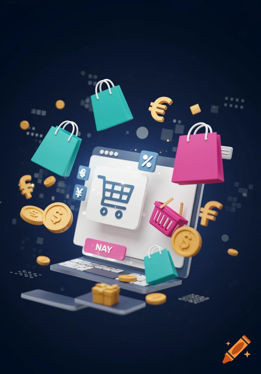 A stylized 3D render of a laptop displaying an online shopping cart, surrounded by floating shopping bags, coins, and currency symbols.