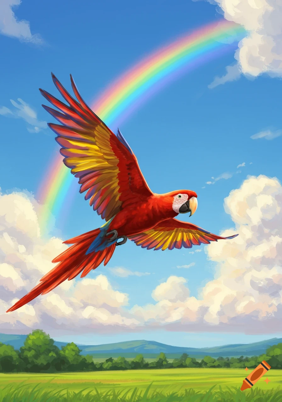 A colorful parrot flies under a rainbow in a blue sky above a green field, depicted in a bright, stylized illustration.