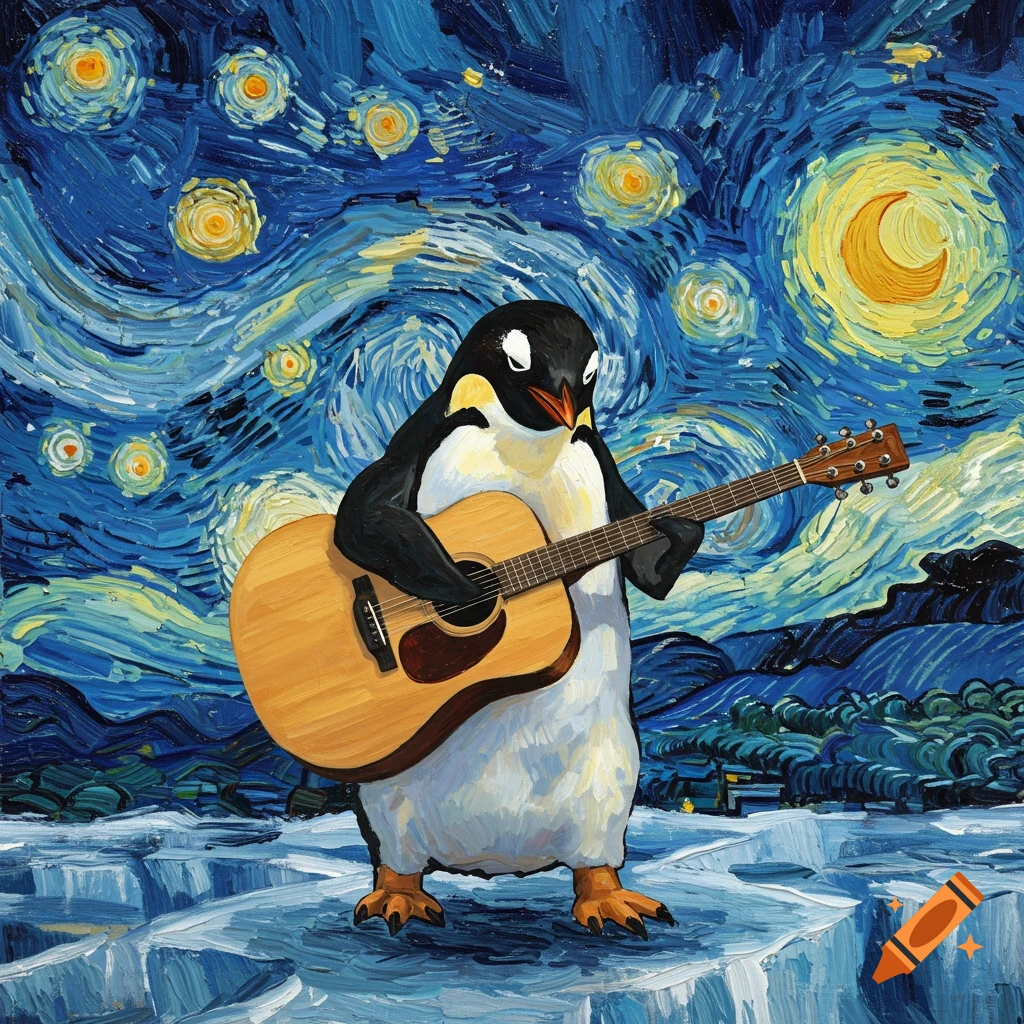 A black and white penguin plays an acoustic guitar on an ice floe, under a swirling Van Gogh-style starry night sky.