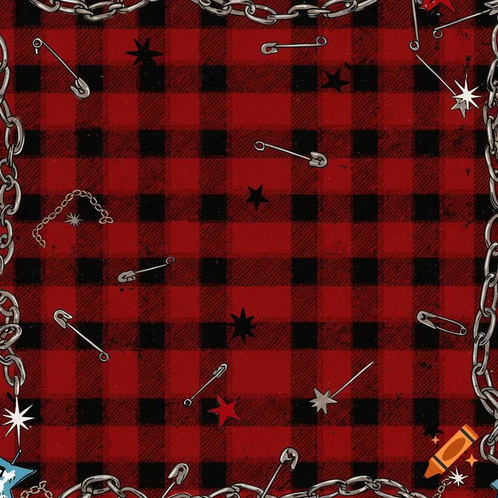 Red and black plaid pattern with silver chains forming a border, scattered with safety pins and stars.