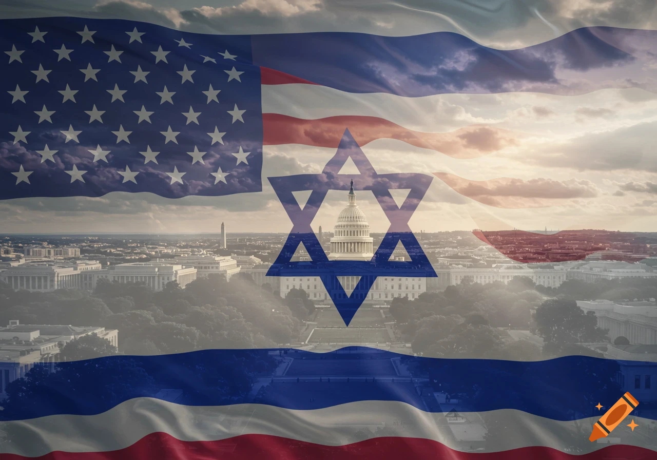A composite image of the American flag merging with the Israeli flag, superimposed over a faded view of the Washington D.C. skyline with the Capitol Building visible.
