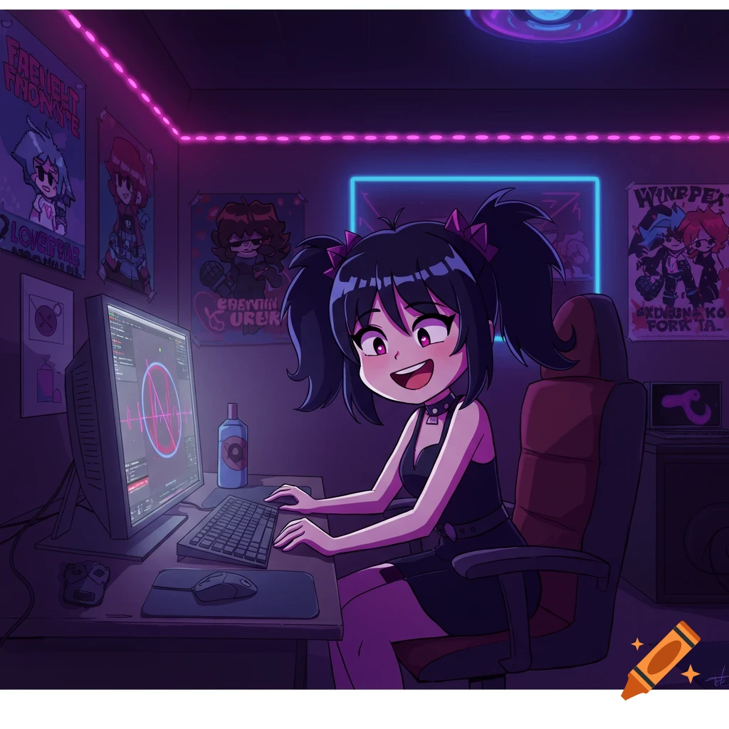 Anime girl with black pigtails in a black dress, sitting at a computer in a neon-lit room with game posters, in a cartoon style.