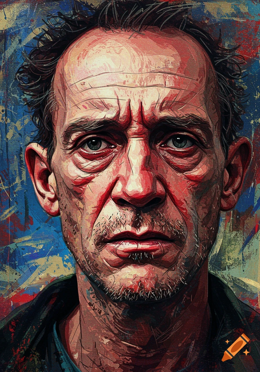 An art brut style portrait of a man with a stern expression, rendered with bold lines and a textured, colorful background.
